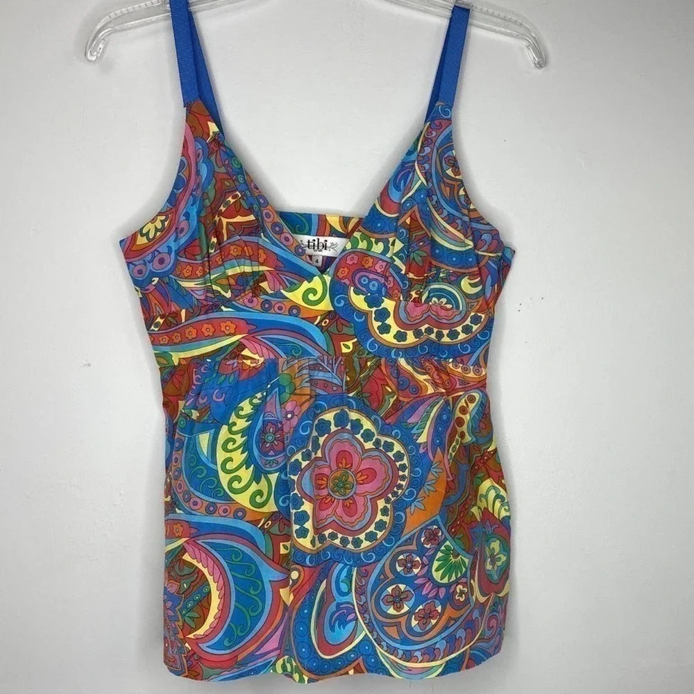 TIBI Colorful V-Neck Floral/Paisley Print Tank Top Size 4